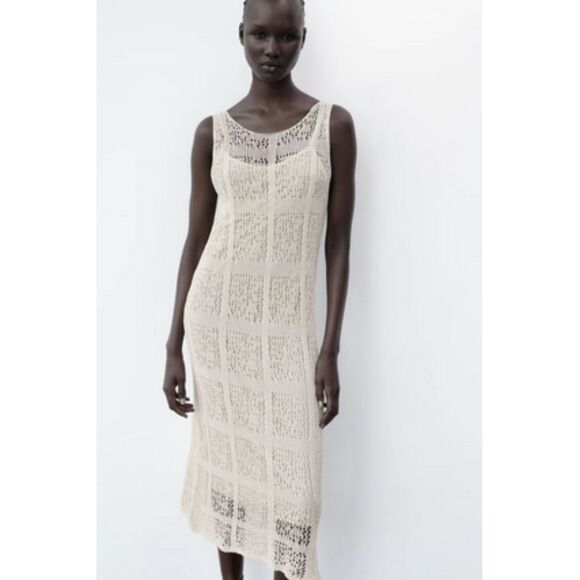 Cream Ivory Zara Crochet Open-Knit Scoop Neck Lined Sleeveless Midi Dress (NWT) - Picture 1 of 8